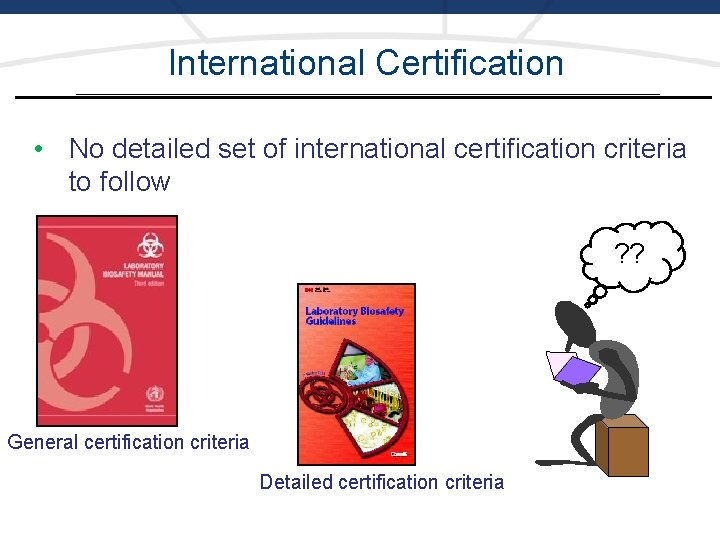 International Certification • No detailed set of international certification criteria to follow ? ?