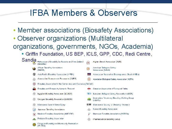 IFBA Members & Observers • Member associations (Biosafety Associations) • Observer organizations (Multilateral organizations,