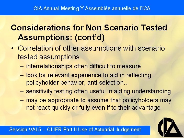 CIA Annual Meeting Ÿ Assemblée annuelle de l’ICA Considerations for Non Scenario Tested Assumptions: