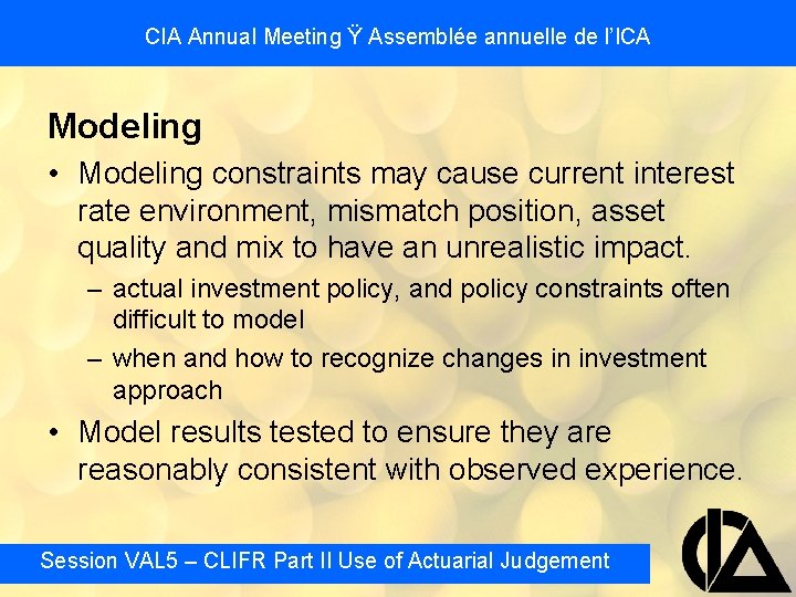 CIA Annual Meeting Ÿ Assemblée annuelle de l’ICA Modeling • Modeling constraints may cause