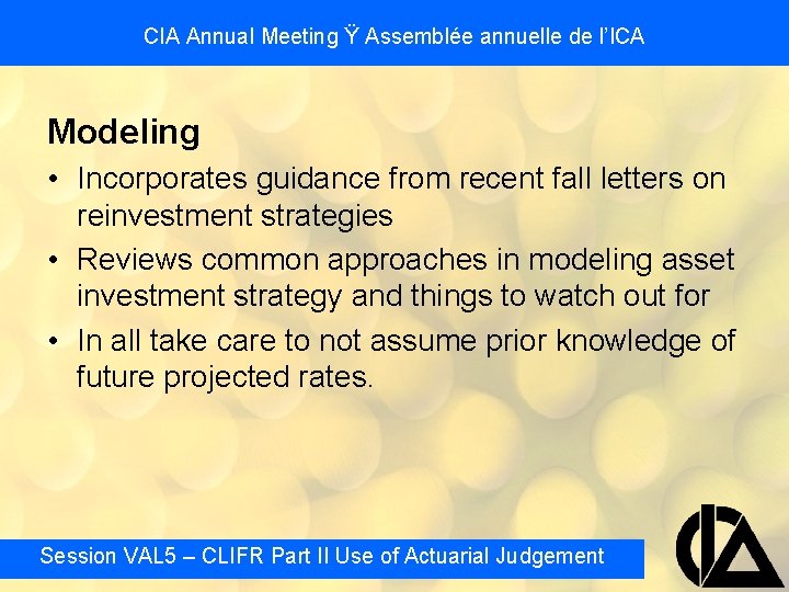 CIA Annual Meeting Ÿ Assemblée annuelle de l’ICA Modeling • Incorporates guidance from recent