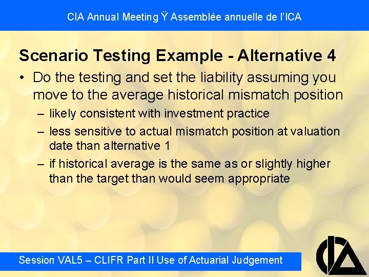 CIA Annual Meeting Ÿ Assemblée annuelle de l’ICA Scenario Testing Example - Alternative 4