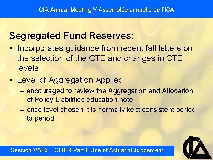 CIA Annual Meeting Ÿ Assemblée annuelle de l’ICA Segregated Fund Reserves: • Incorporates guidance