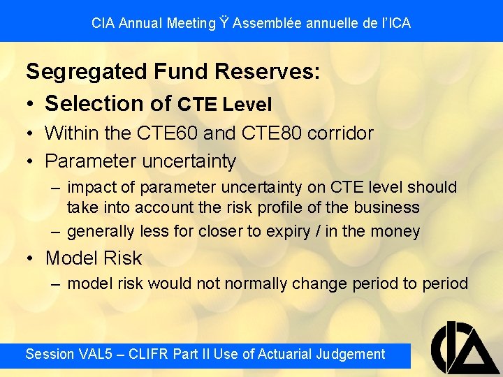 CIA Annual Meeting Ÿ Assemblée annuelle de l’ICA Segregated Fund Reserves: • Selection of