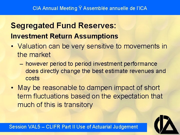 CIA Annual Meeting Ÿ Assemblée annuelle de l’ICA Segregated Fund Reserves: Investment Return Assumptions