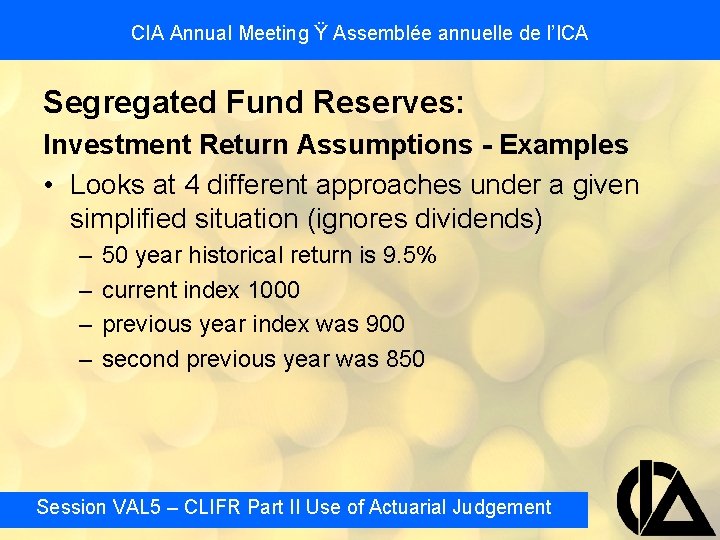 CIA Annual Meeting Ÿ Assemblée annuelle de l’ICA Segregated Fund Reserves: Investment Return Assumptions