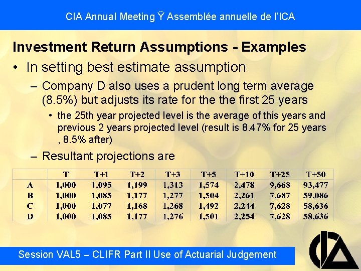 CIA Annual Meeting Ÿ Assemblée annuelle de l’ICA Investment Return Assumptions - Examples •