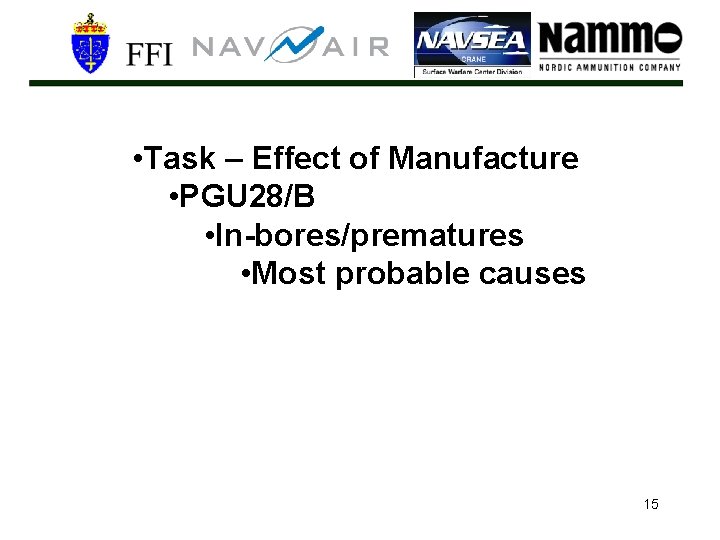  • Task – Effect of Manufacture • PGU 28/B • In-bores/prematures • Most