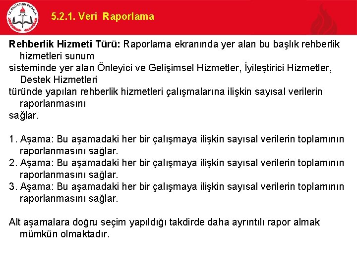 5. 2. 1. Veri Raporlama Rehberlik Hizmeti Türü: Raporlama ekranında yer alan bu başlık