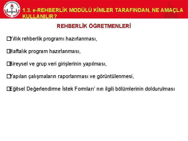 1. 3. e-REHBERLİK MODÜLÜ KİMLER TARAFINDAN, NE AMAÇLA KULLANILIR? REHBERLİK ÖĞRETMENLERİ �Yıllık rehberlik programı