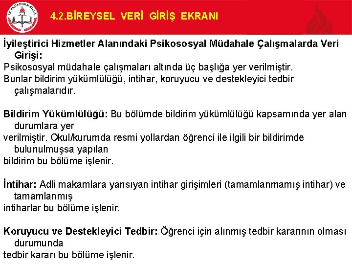 4. 2. BİREYSEL VERİ GİRİŞ EKRANI İyileştirici Hizmetler Alanındaki Psikososyal Müdahale Çalışmalarda Veri Girişi: