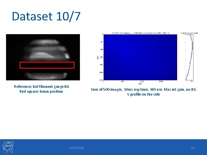 Dataset 10/7 Reference: hot filament gauge BG Red square: beam position Sum of 500