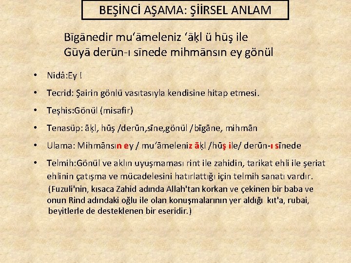 BEŞİNCİ AŞAMA: ŞİİRSEL ANLAM Bīgānedir mu‘āmeleniz ‘āḳl ü hūş ile Gūyā derūn-ı sīnede mihmānsın