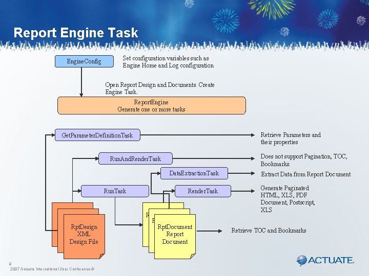 Report Engine Task Engine. Config Set configuration variables such as Engine Home and Log