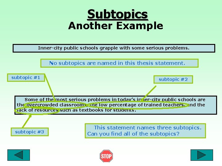 Subtopics Another Example Inner-city public schools grapple with some serious problems. No subtopics are