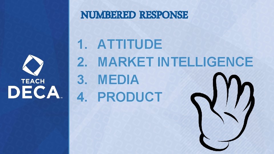 NUMBERED RESPONSE 1. 2. 3. 4. ATTITUDE MARKET INTELLIGENCE MEDIA PRODUCT 