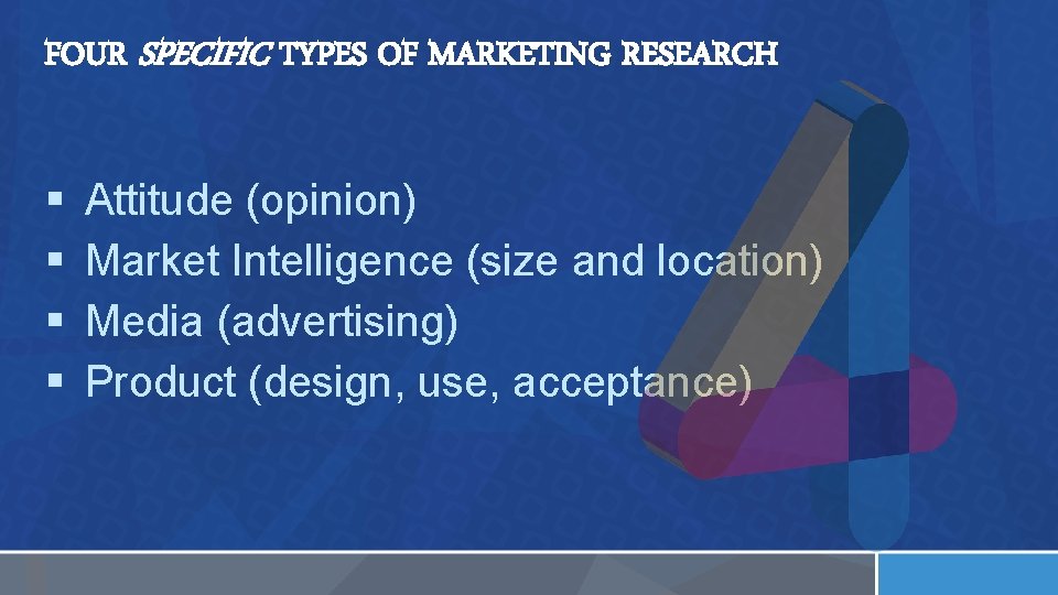FOUR SPECIFIC TYPES OF MARKETING RESEARCH § § Attitude (opinion) Market Intelligence (size and