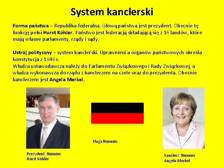 System kanclerski Forma państwa – Republika federalna. Głową państwa jest prezydent. Obecnie tę funkcję