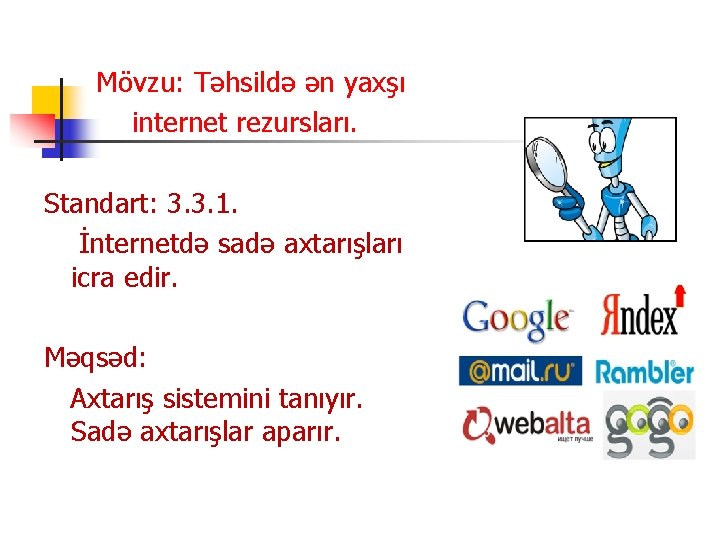 Mövzu: Təhsildə ən yaxşı internet rezursları. Standart: 3. 3. 1. İnternetdə sadə axtarışları icra