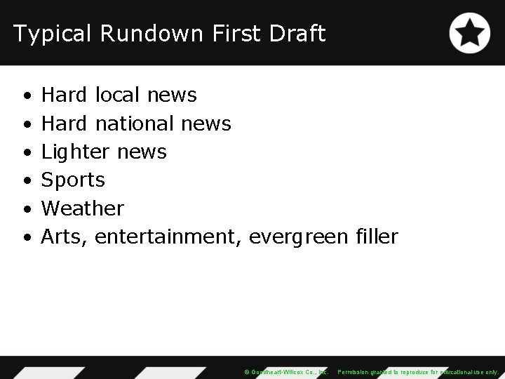 Typical Rundown First Draft • • • Hard local news Hard national news Lighter