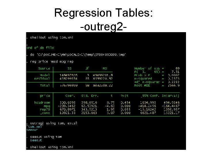 Regression Tables: -outreg 2 - 
