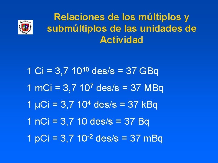 Relaciones de los múltiplos y submúltiplos de las unidades de Actividad 1 Ci =