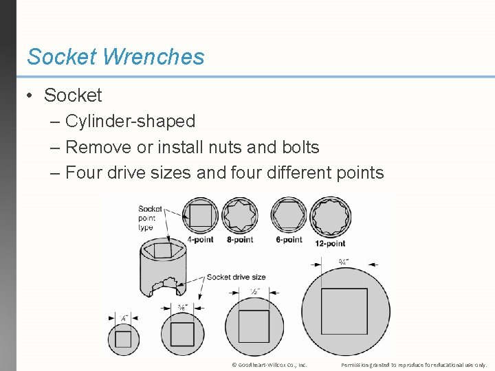 Socket Wrenches • Socket – Cylinder-shaped – Remove or install nuts and bolts –