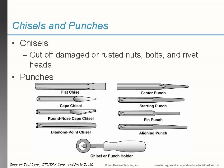 Chisels and Punches • Chisels – Cut off damaged or rusted nuts, bolts, and