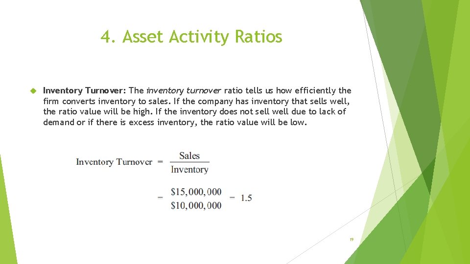 4. Asset Activity Ratios Inventory Turnover: The inventory turnover ratio tells us how efficiently