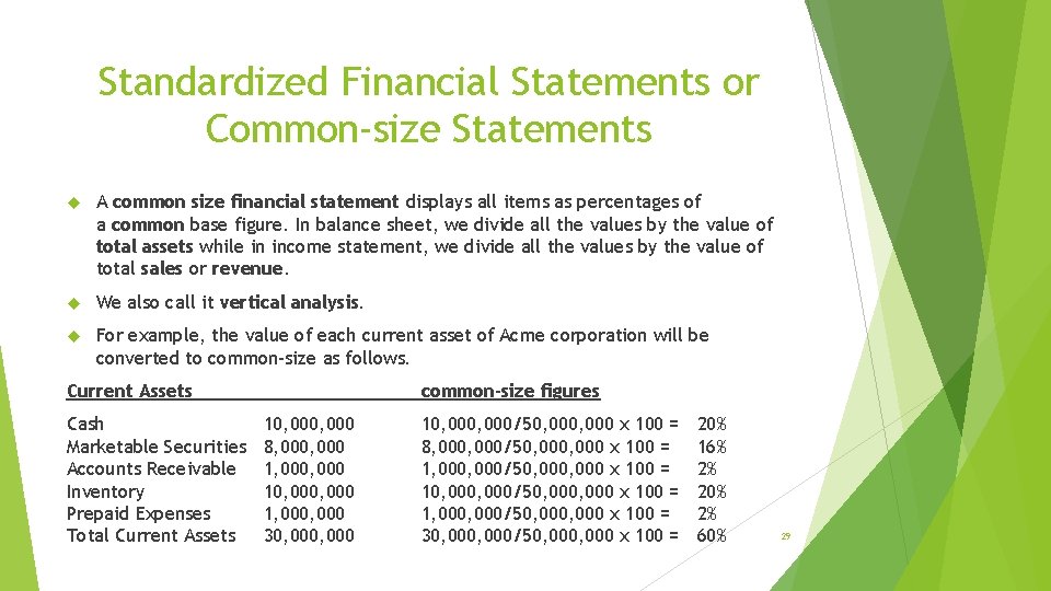 Standardized Financial Statements or Common-size Statements A common size financial statement displays all items