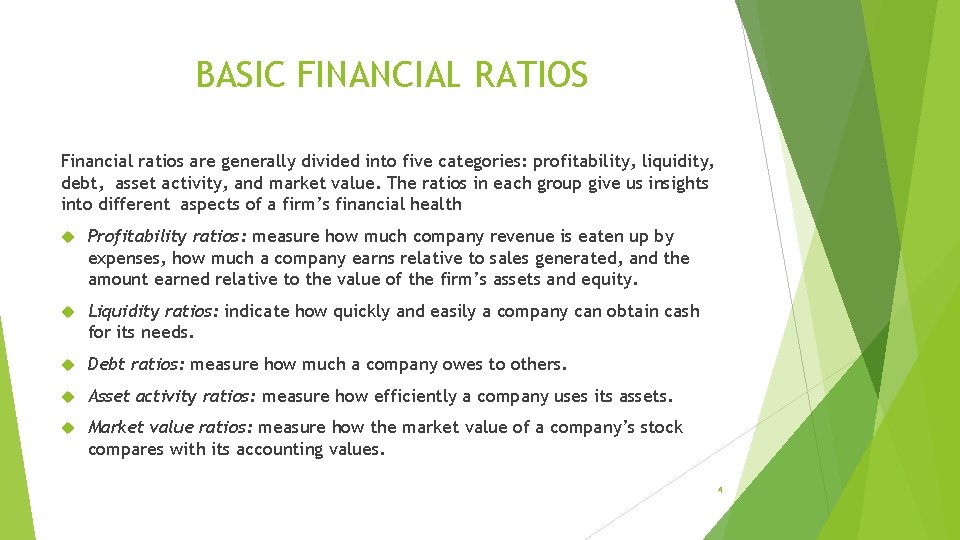 BASIC FINANCIAL RATIOS Financial ratios are generally divided into five categories: profitability, liquidity, debt,