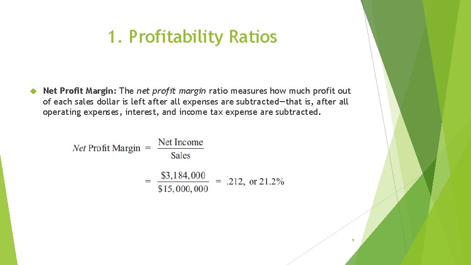 1. Profitability Ratios Net Profit Margin: The net profit margin ratio measures how much