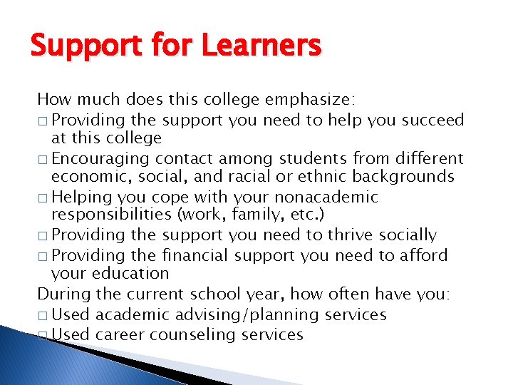 Support for Learners How much does this college emphasize: � Providing the support you