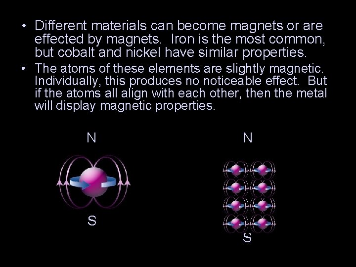  • Different materials can become magnets or are effected by magnets. Iron is