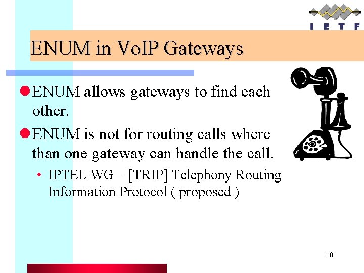 ENUM in Vo. IP Gateways l ENUM allows gateways to find each other. l
