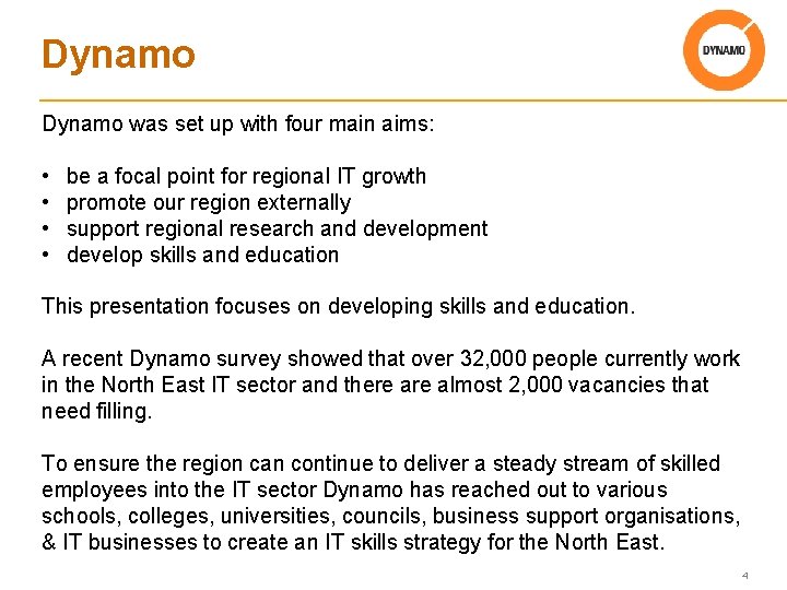 Dynamo was set up with four main aims: • • be a focal point