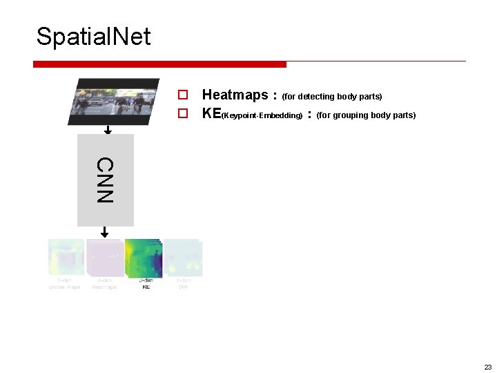 Spatial. Net o Heatmaps：(for detecting body parts) o KE(Keypoint-Embedding)：(for grouping body parts) CNN 23