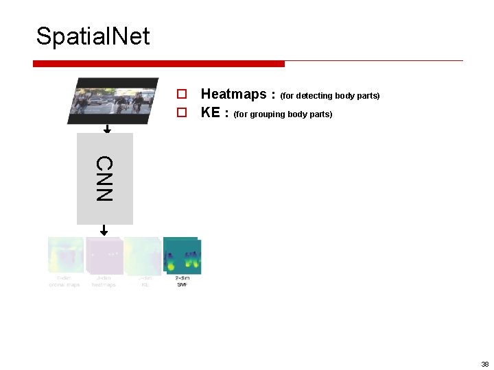 Spatial. Net o Heatmaps：(for detecting body parts) o KE：(for grouping body parts) CNN 38