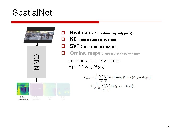 Spatial. Net CNN o o Heatmaps：(for detecting body parts) KE：(for grouping body parts) SVF：(for