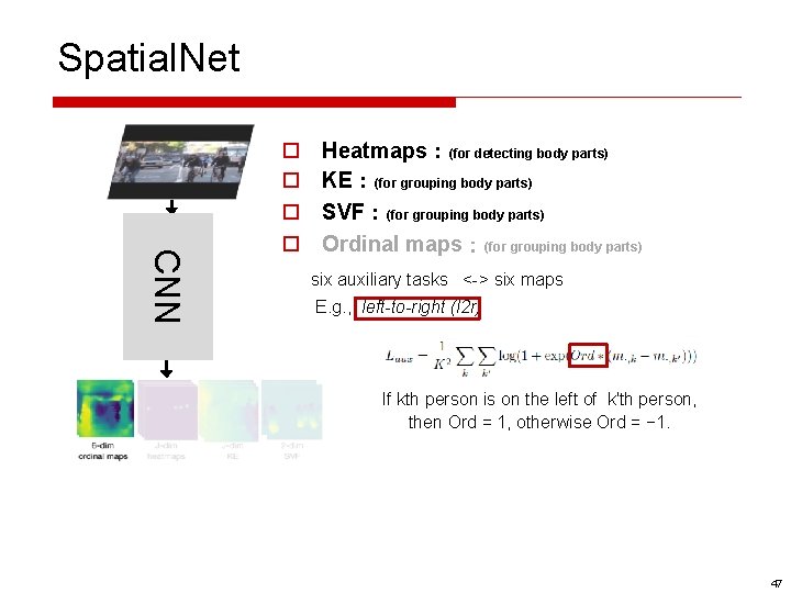 Spatial. Net CNN o o Heatmaps：(for detecting body parts) KE：(for grouping body parts) SVF：(for