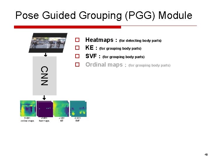 Pose Guided Grouping (PGG) Module CNN o o Heatmaps：(for detecting body parts) KE：(for grouping