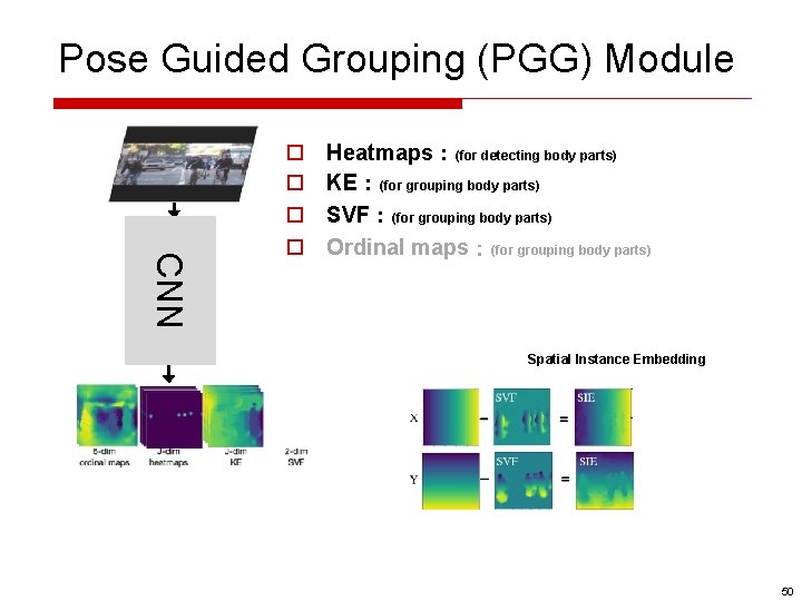 Pose Guided Grouping (PGG) Module CNN o o Heatmaps：(for detecting body parts) KE：(for grouping