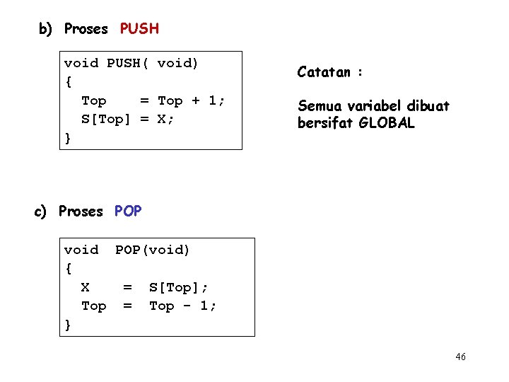 b) Proses PUSH void PUSH( void) { Top = Top + 1; S[Top] =