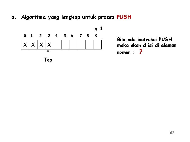 a. Algoritma yang lengkap untuk proses PUSH n-1 0 1 2 3 X X