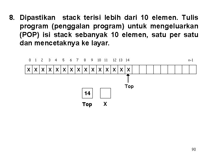 8. Dipastikan stack terisi lebih dari 10 elemen. Tulis program (penggalan program) untuk mengeluarkan