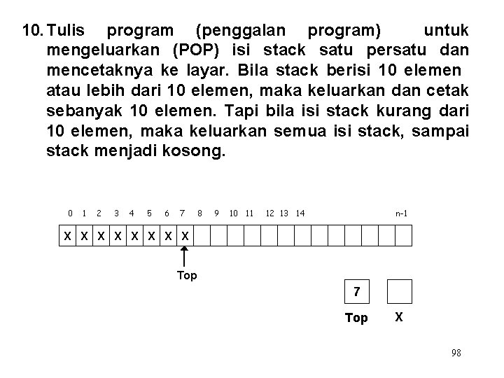 10. Tulis program (penggalan program) untuk mengeluarkan (POP) isi stack satu persatu dan mencetaknya