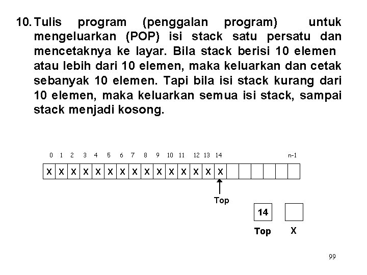 10. Tulis program (penggalan program) untuk mengeluarkan (POP) isi stack satu persatu dan mencetaknya