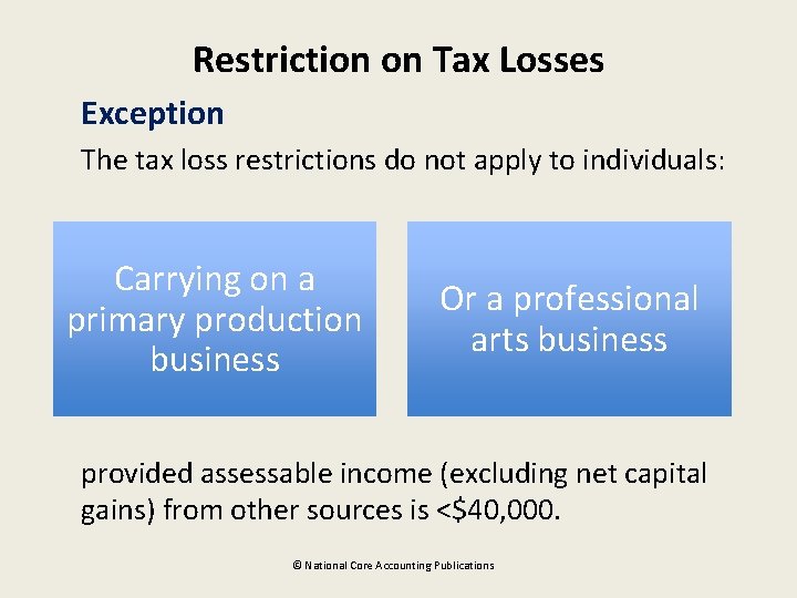 Restriction on Tax Losses Exception The tax loss restrictions do not apply to individuals: