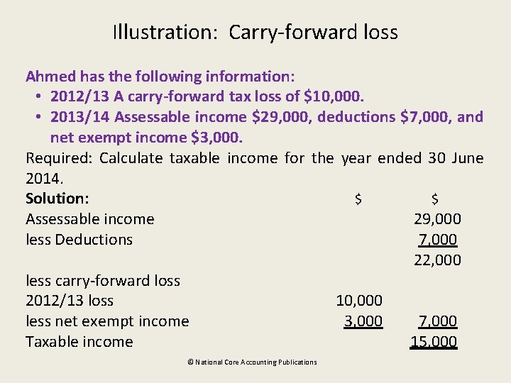 Illustration: Carry-forward loss Ahmed has the following information: • 2012/13 A carry-forward tax loss