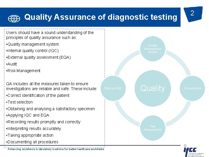Quality Assurance of diagnostic testing 2 Users should have a sound understanding of the